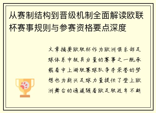 从赛制结构到晋级机制全面解读欧联杯赛事规则与参赛资格要点深度